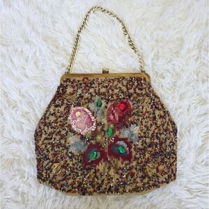 Vintage Soure' Bag New York Beaded‎ Jewels Floral Knit Multi Color Purse